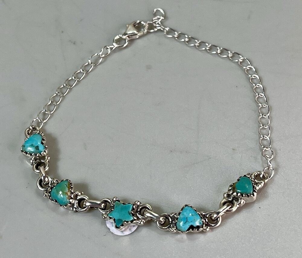 Kingman Turquoise 925 Sterling Silver Heart Star Link Bracelet 8in Southwest